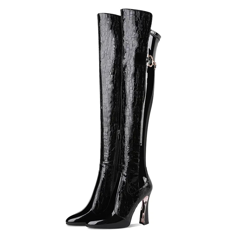 Knee-High Platform Pointed High Heeled Leather Boots
