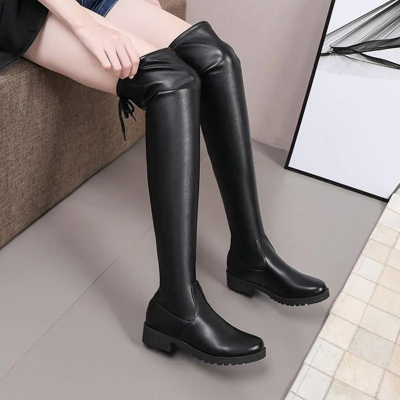Premium Thick Heel Leather Lace-Up Boots