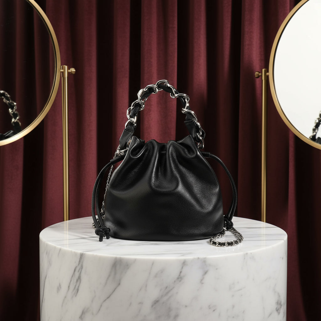 Luxury Leather Drawstring Crossbody Bucket Bag