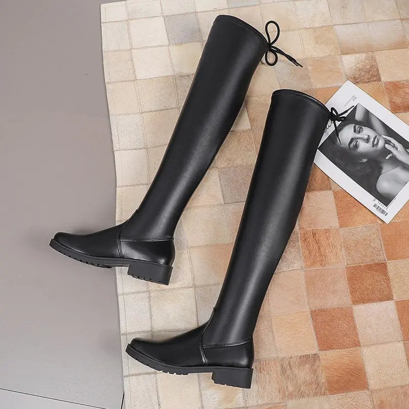 Premium Thick Heel Leather Lace-Up Boots