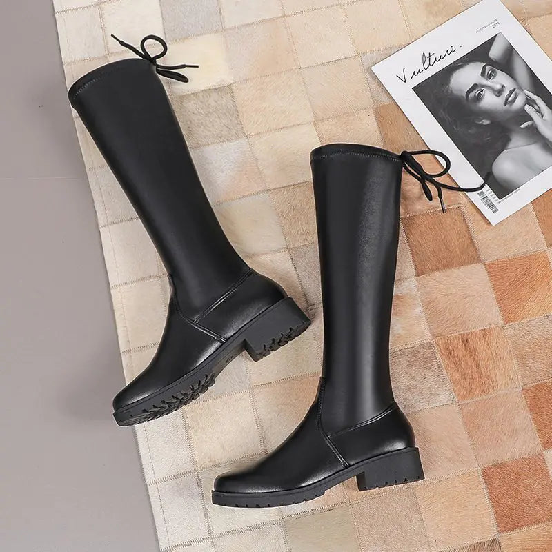 Premium Thick Heel Leather Lace-Up Boots