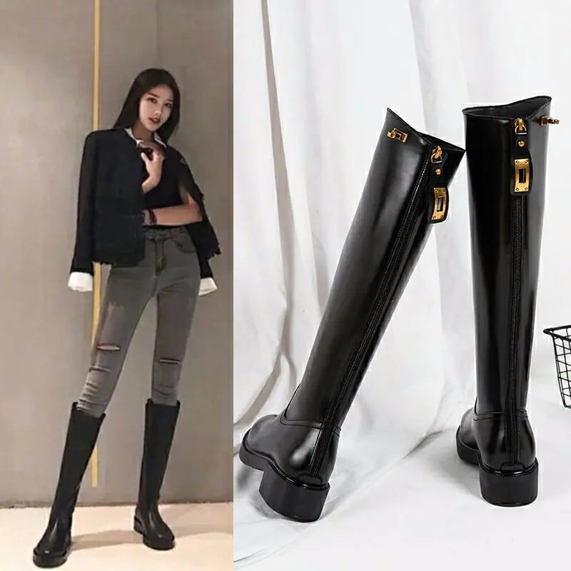 Trendy Martin Leather Knee-High Boots